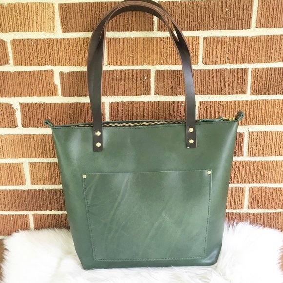 Portland Leather Handbags - Portland Leather Goods Jade Medium Zip Tote with Brown Handles and Hide Stamp